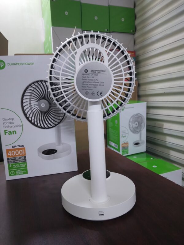 DP 7626 (RECHARGEABLE TABLE FAN) 4000mAh, With LED Night Light - Image 5